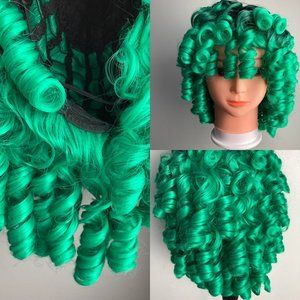 Ombre Green Afro Curly Wig with Bangs